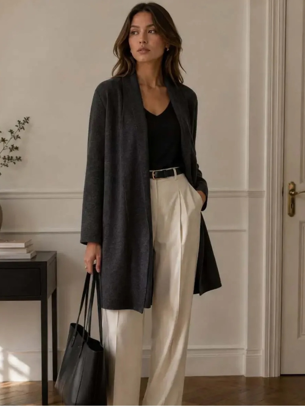 MM Lafleur Open-Front Charcoal Long Merino Wool Cardigan Old Money Minimalist